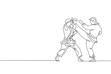 Fototapeta na wymiar One single line drawing of two young sporty karateka men in fight uniform with belt exercising martial art at gym vector illustration. Healthy sport lifestyle concept. Modern continue line draw design