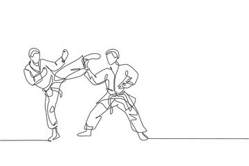 Fototapeta na wymiar One continuous line drawing of two young talented karateka men train pose for duel fighting at dojo gym center. Mastering martial art sport concept. Dynamic single line draw design vector illustration