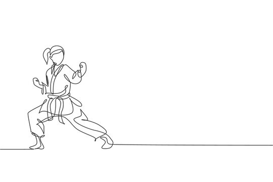 recommend clip art: One single line drawing of young sporty karateka girl in fight uniform with belt exercising martial art at gym vector illustration. Healthy sport lifestyle concept. Modern continuous line draw design