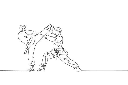 recommend clip art: One single line drawing of two young sporty karateka men in fight uniform with belt exercising martial art at gym vector illustration. Healthy sport lifestyle concept. Modern continue line draw design