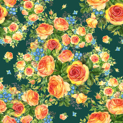 Seamless pattern watercolor bouquet of delicate tea roses with forget-me-not