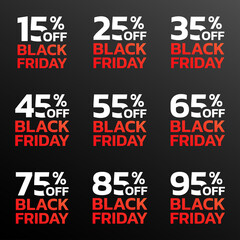 Price off label or badge set. Black Friday sale icons or tags with 15, 25, 35, 45, 55, 65, 75, 85, 95 percent discount. Vector illustration.