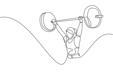 One single line drawing of fit young athlete muscular woman lifting barbells working out at a gym vector illustration. Weightlifter preparing for training concept. Modern continuous line draw design