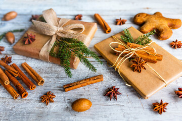 Christmas eco gift decorations with spices and herbs. Zero waste trend.