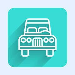 White line Car icon isolated with long shadow. Front view. Green square button. Vector.