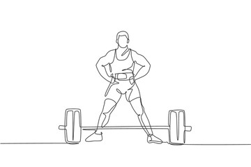 One continuous line drawing of young bodybuilder man doing exercise with a heavy weight bar in gym. Powerlifter train weightlifting concept. Dynamic single line draw design vector illustration graphic