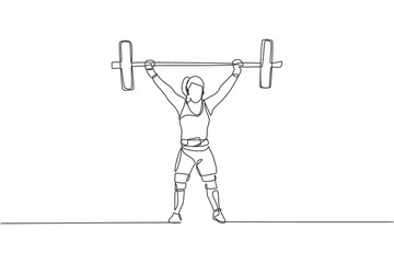 One continuous line drawing young bodybuilder woman doing exercise with a heavy weight bar in gym. Powerlifter train weightlifting concept. Dynamic single line draw design vector graphic illustration