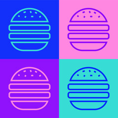 Pop art line Burger icon isolated on color background. Hamburger icon. Cheeseburger sandwich sign. Fast food menu. Vector.