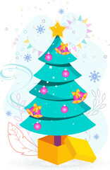 2021 greeting card. Huge gift box, Christmas Tree, garland hangs