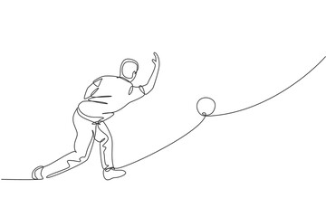 One continuous line drawing of young happy bowling player man throw ball into lane to hit the pin. Healthy sport and lifestyle activity concept. Dynamic single line draw design vector illustration