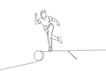 Single continuous line drawing of young happy bowling player man throw bowling ball to hit the pins. Doing sport hobby at leisure time concept. Trendy one line draw design vector illustration graphic