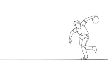 Single continuous line drawing of young happy bowling player man throw bowling ball to hit the pins. Doing sport hobby at leisure time concept. Trendy one line draw design vector illustration graphic