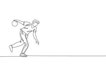 One single line drawing of young talented bowling player man throw ball to hit bowling pins graphic vector illustration. Healthy people lifestyle and sport concept. Modern continuous line draw design