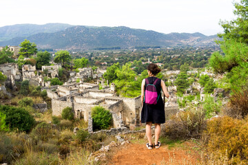 Naklejka premium Landmark of Turkey. The abandoned old Greek city of Kayakoy on the Lycian Trail.