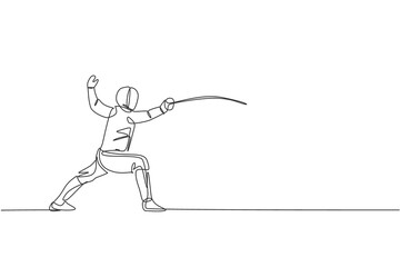 Fototapeta premium Single continuous line drawing of young professional fencer athlete woman in fencing mask and rapier. Competitive fighting sport competition concept. Trendy one line draw design vector illustration