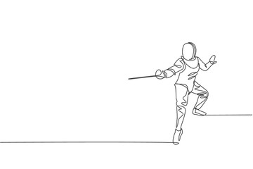 One single line drawing of young man fencer athlete in fencing costume exercising motion on sport arena vector illustration. Combative and fighting sport concept. Modern continuous line draw design - obrazy, fototapety, plakaty