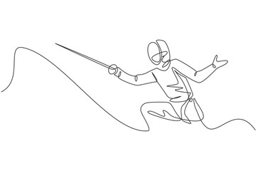 One single line drawing of young woman fencer athlete in fencing costume exercising motion on sport arena vector illustration. Combative and fighting sport concept. Modern continuous line draw design