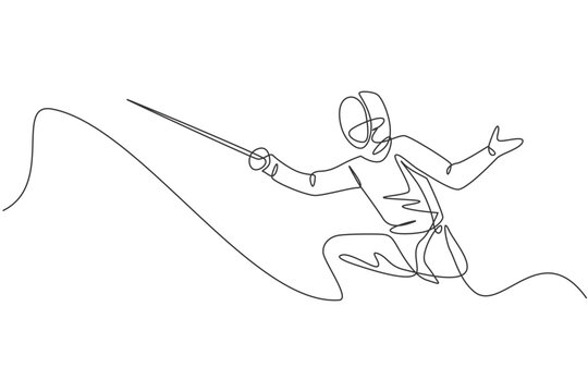 One single line drawing of young woman fencer athlete in fencing costume exercising motion on sport arena vector illustration. Combative and fighting sport concept. Modern continuous line draw design