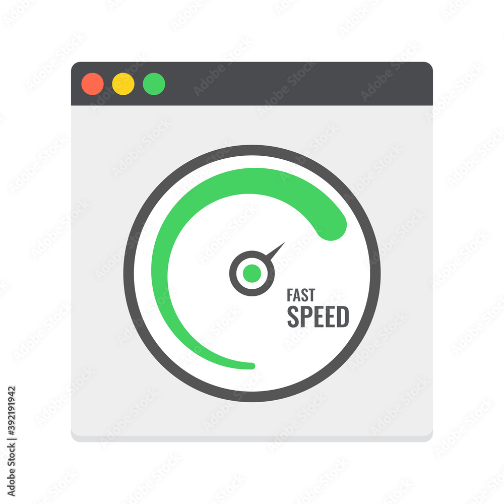 Poster web browser with speedometer test showing fast good page loading speed time. vector.