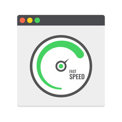 Web browser with speedometer test showing fast good page loading speed time. Vector.