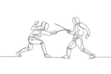 One continuous line drawing of two men fencing athlete practice fighting on professional sport arena. Fencing costume and holding sword concept. Dynamic single line draw design vector illustration