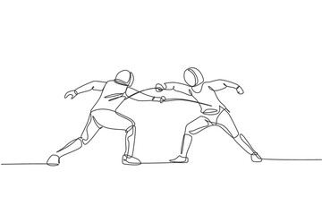 One continuous line drawing of two men fencing athlete practice fighting on professional sport arena. Fencing costume and holding sword concept. Dynamic single line draw design vector illustration
