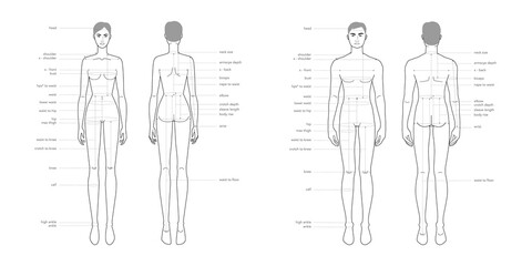 Men and women body parts terminology measurements Illustration for clothes and accessories production fashion 9 head male and female size chart. Human body infographic template