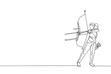 One continuous line drawing of young archer woman pulling the bow to shooting an archery target. Archery sport training and exercising concept. Dynamic single line draw design vector illustration