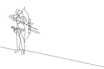 One single line drawing of young archer woman focus exercising archery to hit target graphic vector illustration. Healthy refresh shooting with bow sport concept. Modern continuous line draw design