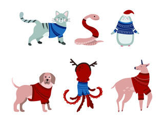 Cute animals in winter clothes. New year's animals. Vector illustration. New year's Set