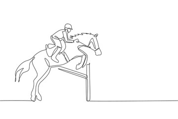One single line drawing of young horse rider man performing dressage jumping the hurdle test vector illustration graphic. Equestrian sport show competition concept. Modern continuous line draw design