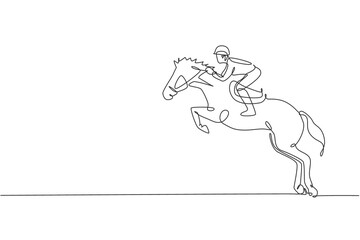 One single line drawing of young horse rider man performing dressage jumping test vector graphic illustration. Equestrian sport show competition concept. Modern continuous line draw design