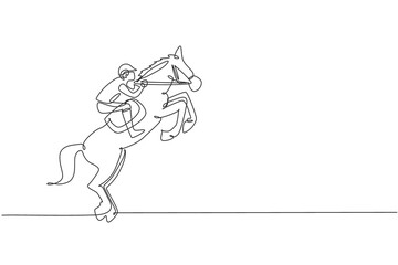 Fototapeta premium Single continuous line drawing of young professional horseback rider try to tame the horse at the stables. Equestrian sport training process concept. Trendy one line draw design vector illustration