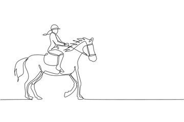Fototapeta na wymiar Single continuous line drawing of young professional horseback rider walking with a horse around the stables. Equestrian sport training process concept. Trendy one line draw design vector illustration