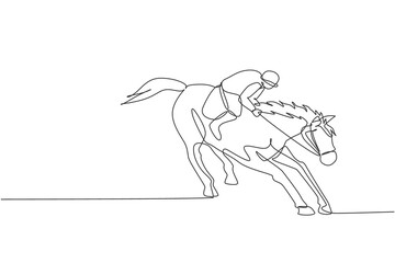 One continuous line drawing of young horse rider man in action. Equine training at racing track. Equestrian sport competition concept. Dynamic single line draw design graphic vector illustration