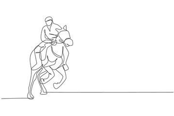 One continuous line drawing young horse rider man in action to run. Equine training at racing track. Equestrian sport competition concept. Dynamic single line draw design graphic vector illustration