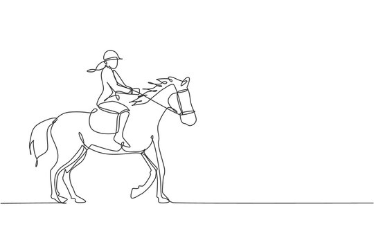 Single continuous line drawing of young professional horseback rider walking with a horse around the stables. Equestrian sport training process concept. Trendy one line draw design vector illustration
