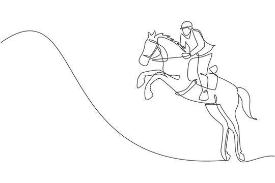 One continuous line drawing young horse rider man in jumping action. Equine training at racing track. Equestrian sport competition concept. Dynamic single line draw design vector illustration graphic