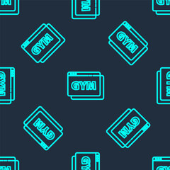 Green line Online fitness and training icon isolated seamless pattern on blue background. Vector.