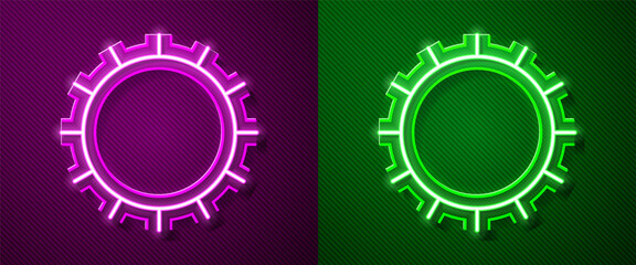 Glowing neon line Sun icon isolated on purple and green background. Summer symbol. Good sunny day. Vector.