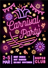 Neon glowing festive placard in 80s style. Vertical advertising template for carnival party. Poster with electric outline text for carnaval event or masquerade. Vector illustration