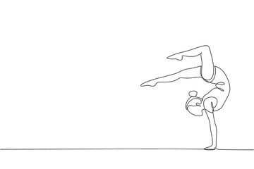 One single line drawing of young beauty gymnast girl exercise floor rhythmic gymnastic at gym vector illustration. Healthy athlete teen lifestyle and sport concept. Modern continuous line draw design