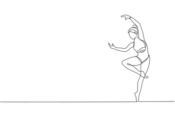 Single continuous line drawing of young beauty professional gymnast girl perform floor exercise. Rhythmic gymnastic training and stretching concept. Trendy one line draw design vector illustration
