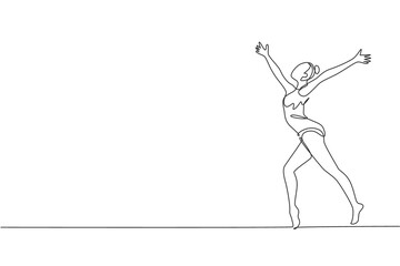 One single line drawing of young beauty gymnast girl exercise floor rhythmic gymnastic at gym vector illustration. Healthy athlete teen lifestyle and sport concept. Modern continuous line draw design