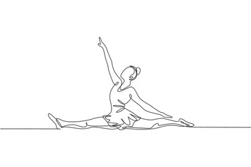 One continuous line drawing of rhythmic motion young beauty gymnast girl. Floor exercise performer in leotard. Healthy active sport dance concept. Dynamic single line draw design vector illustration