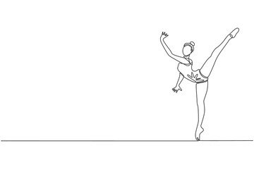 One single line drawing of young beauty gymnast girl exercise floor rhythmic gymnastic at gym vector illustration. Healthy athlete teen lifestyle and sport concept. Modern continuous line draw design