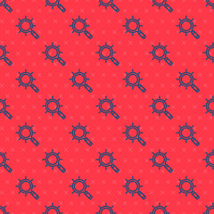 Blue line Magnifying glass icon isolated seamless pattern on red background. Search, focus, zoom, business symbol. Vector.