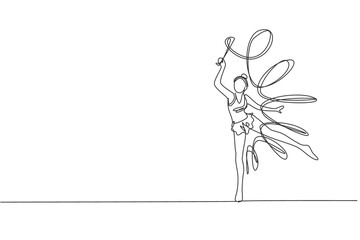 One continuous line drawing of young ballerina girl in motion. Rhythmic gymnast in leotard with ribbon. Healthy sport and active dance concept. Dynamic single line draw design vector illustration