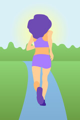Beautiful slender girl going in for sports in purple clothes. Girl turned her back. Woman jogging along the path in the park.