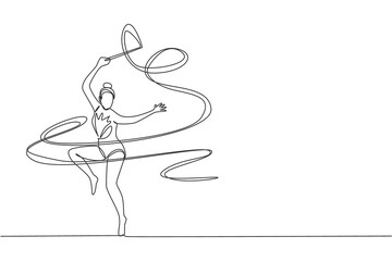 One continuous line drawing of young ballerina girl in motion. Rhythmic gymnast in leotard with ribbon. Healthy sport and active dance concept. Dynamic single line draw design vector illustration
